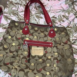 Coach Y2K Brown Signature Tote with Red Trim and Gold Accents